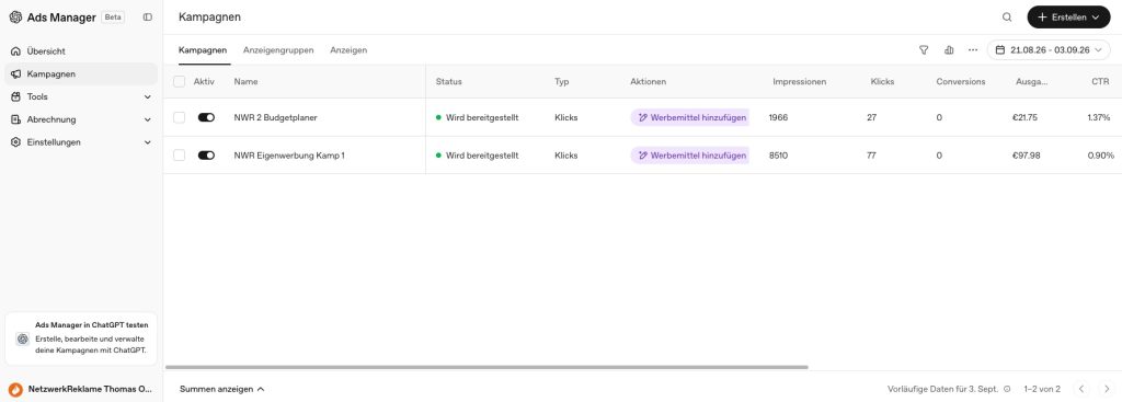Die Benutzeroberfläche des OpenAI Ads Managers für ChatGPT Ads am Beispiel NetzwerkReklame